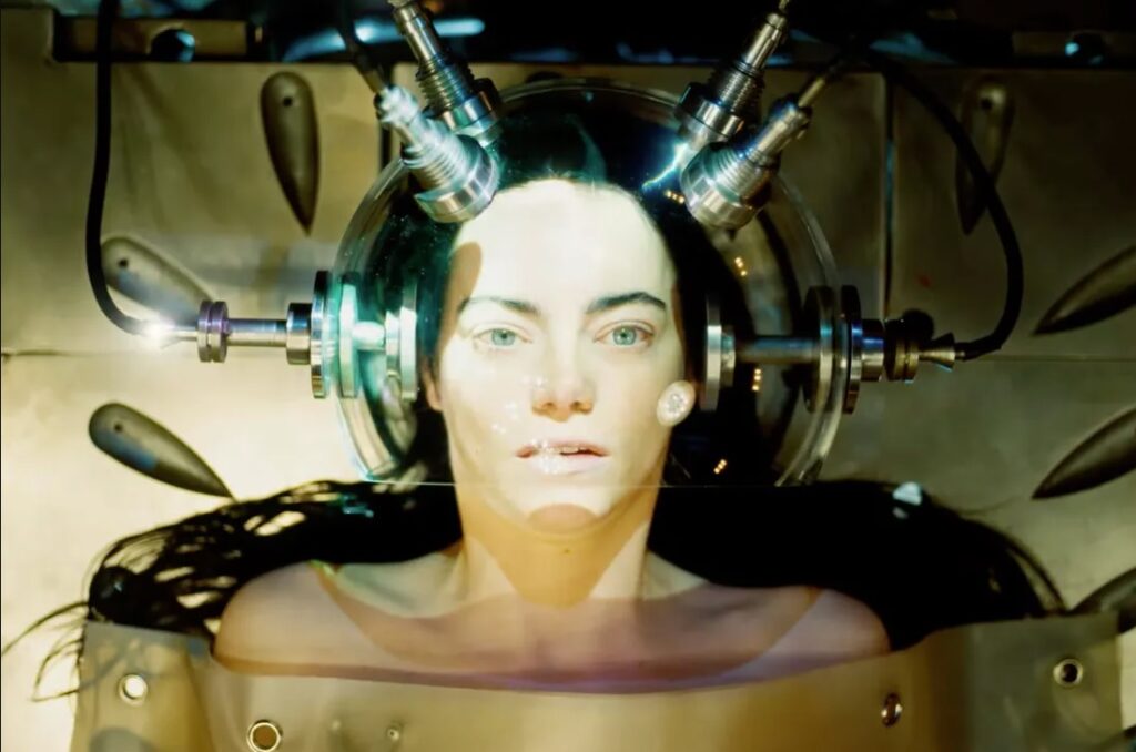 Emma Stone being 'Frankenstein'ed in Poor Things.