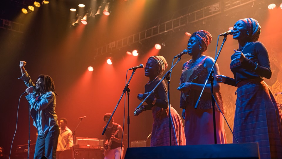 Bob Marley in concert with his backing singers including Iris.
