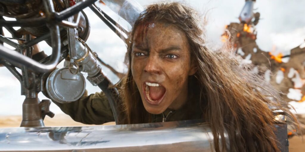 Anya Taylor-Joy screams in an action sequence from Furiosa