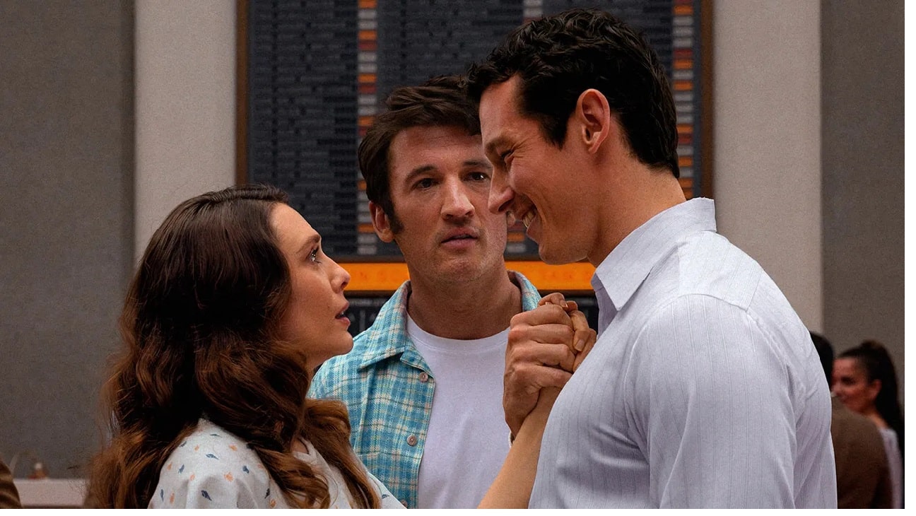 Larry (Miles Teller) realises he has competition for the love of Joan (Elizabeth Olsen) in the afterlife, thanks to first husband Luke (Callum Turner) in Afterlife.