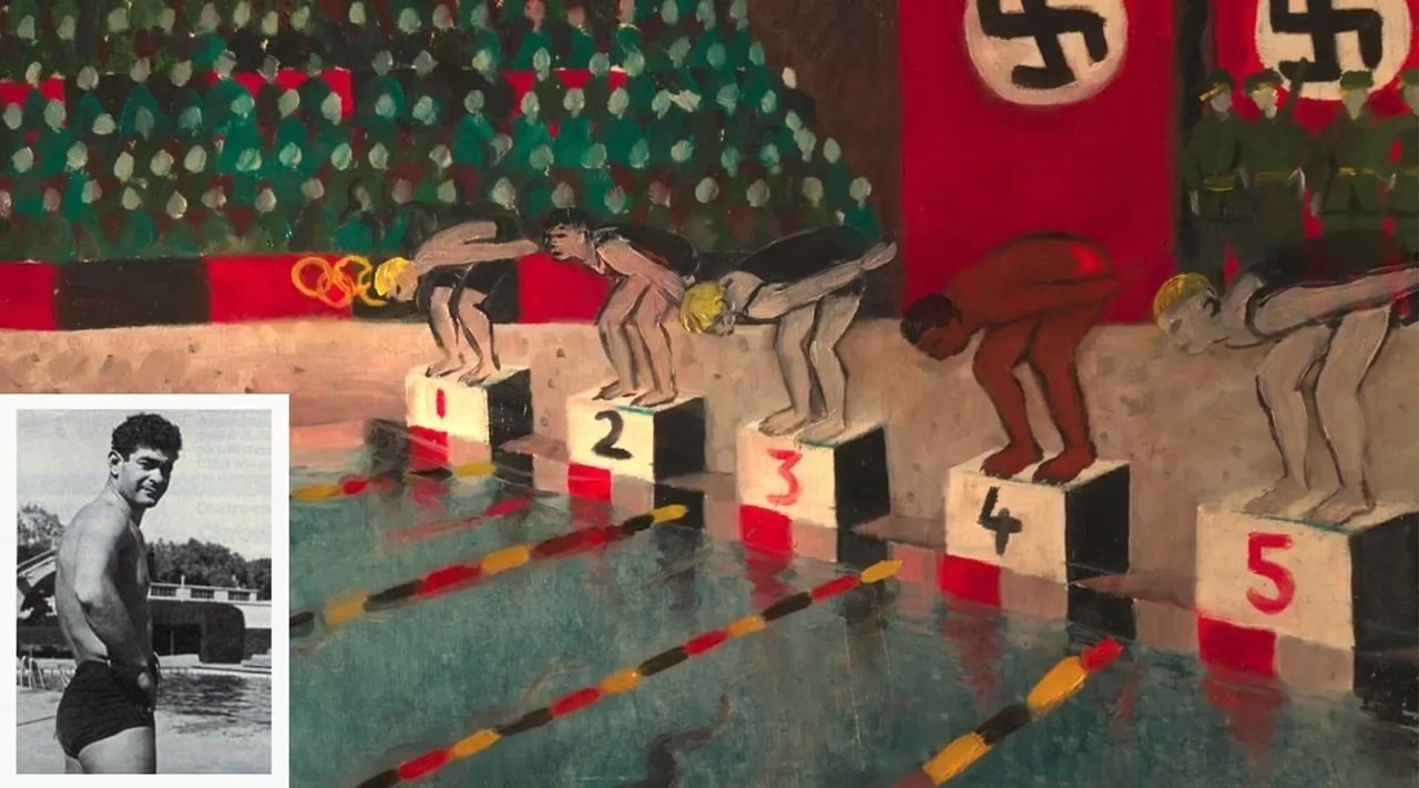 An animated scene of swimmers at the Berlin Olympics from the Best Animated Short Oscar nominee Butterfly and an inset picture of Alfred Nackache.