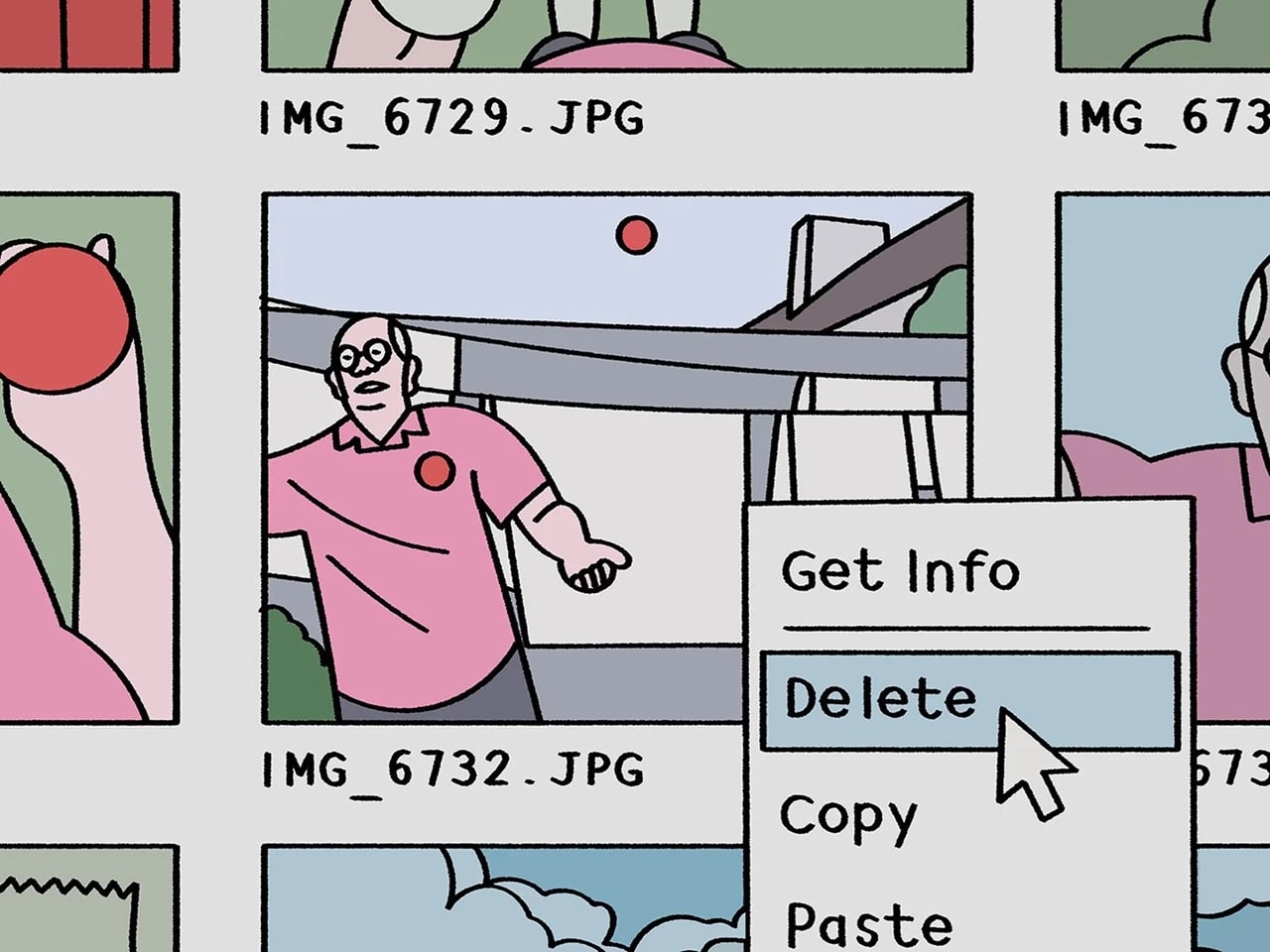 Scene from the Best Animated Short Oscar nominee Retirement Plan showing the man organising his digital photos.  