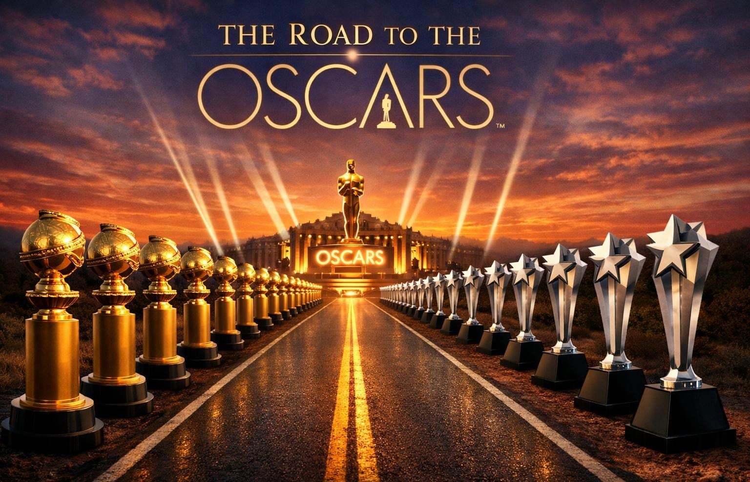 Graphic showing a road leading to the Oscars lined with the awards from the Golden Globes and the Critics Choice Awards. 