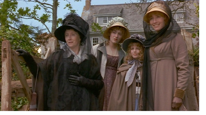 The Dashwood family standing outside their Devon cottage in Sense and Sensibility.