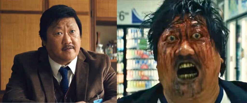 Two side by side pictures of Benedict Wong in Weapons: one as the calm and controlled headmaster and one as a raging monster.