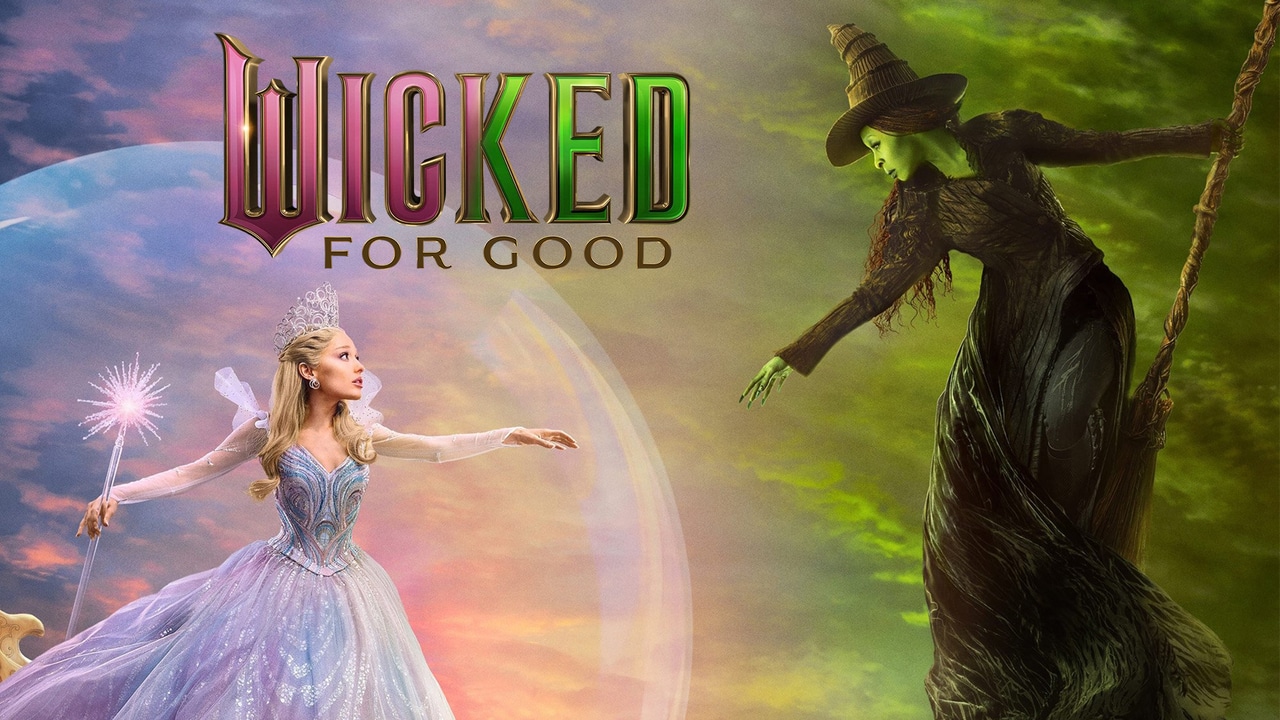 Poster for Wicked for Good showing Glinda and Elphaba reaching for each other