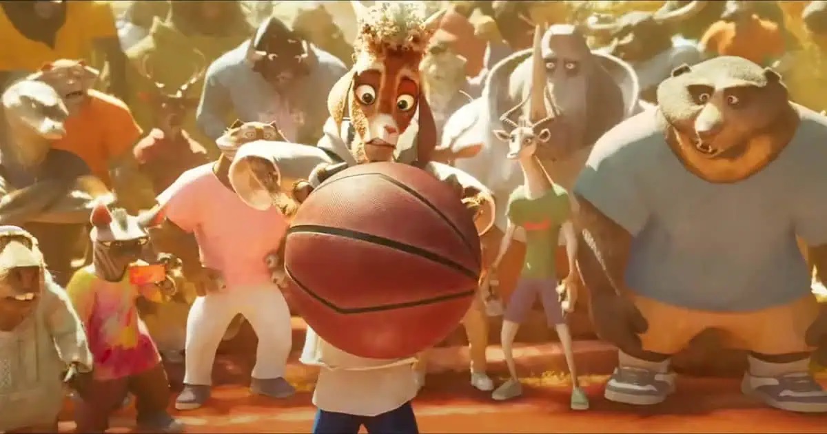 The goat, Will Harris, holding a large basketball in the animated film GOAT.