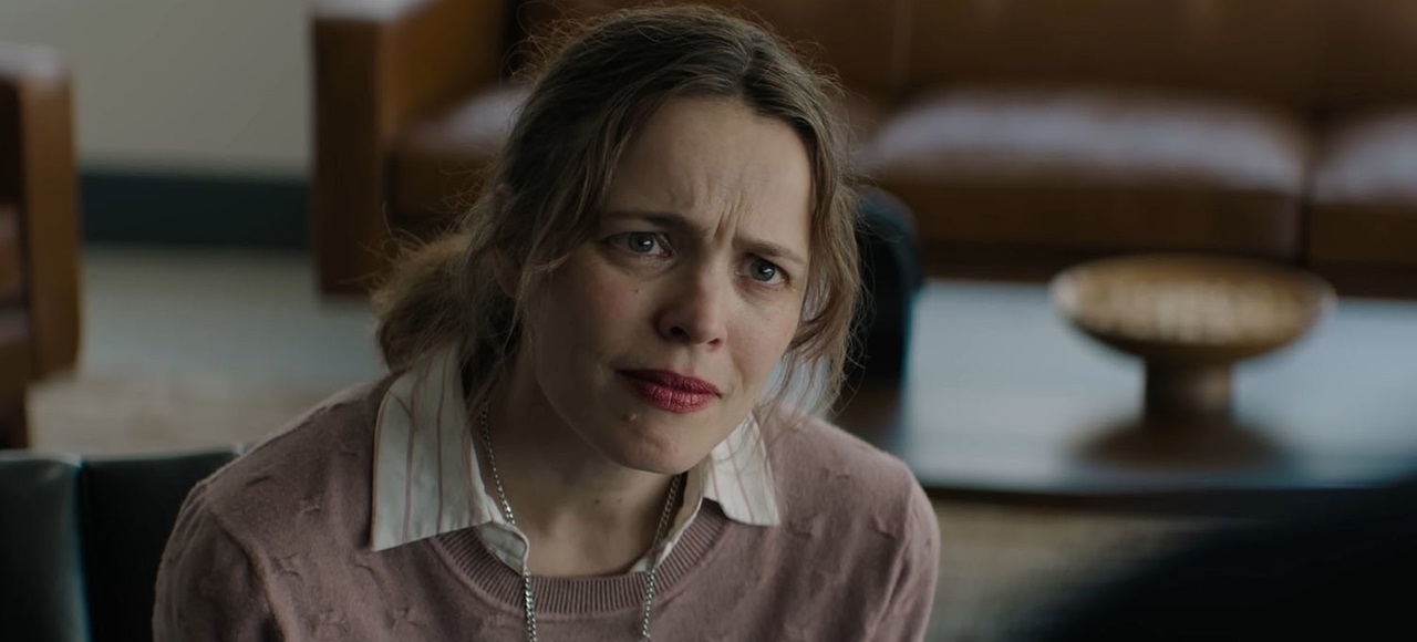 A dowdy Linda (Rachel McAdams) looking puzzled in Send Help