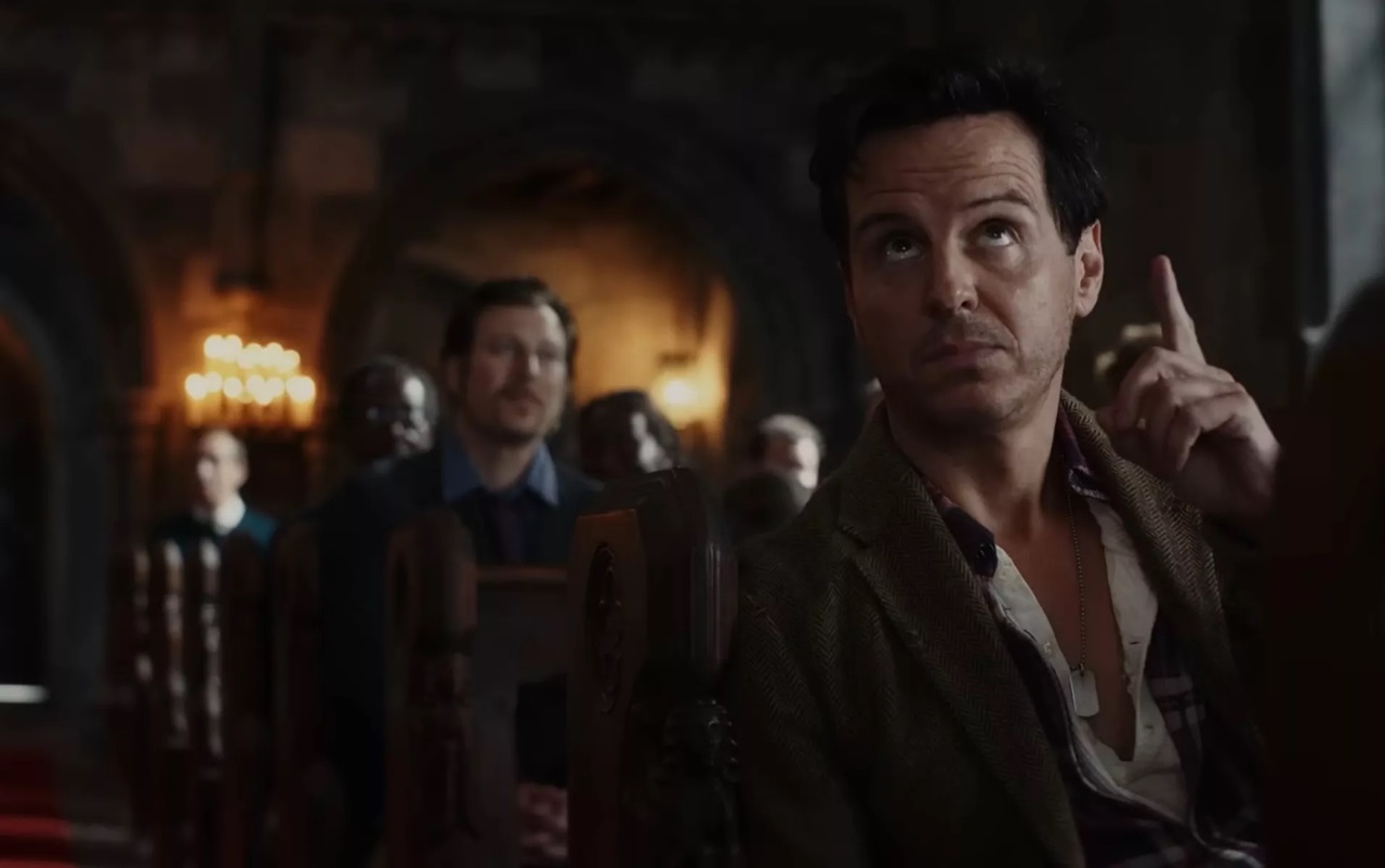 Lee Ross (Andrew Scott) points to the heavens in Wake Up Dead Man.