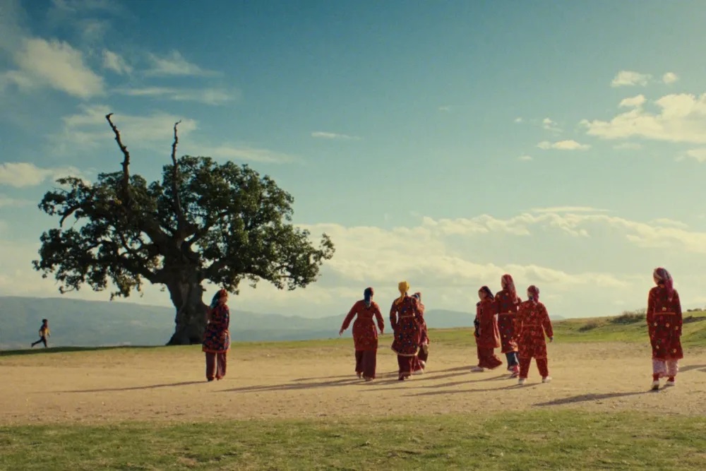 Women gathering in local Macedonian dress near a tree in DJ Ahmet.